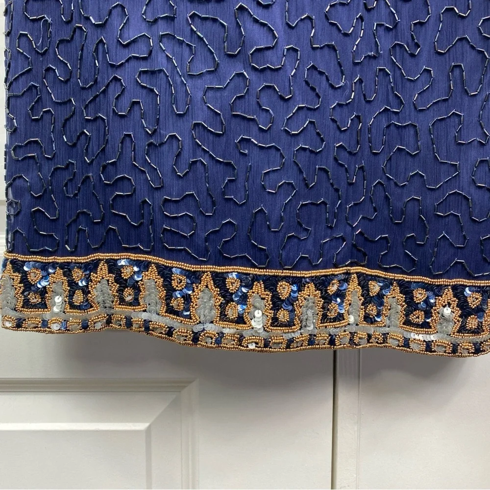 Vintage Silk Lawrence Kazar Embellished Beaded Sequined Sheath Dress Blue Gold M - Picture 4 of 8